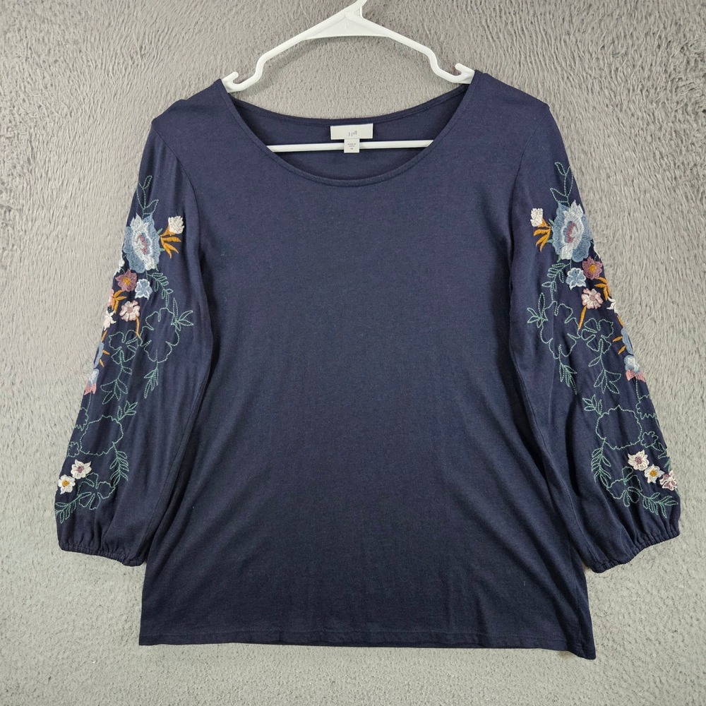 J. Jill Womens Navy Blue Floral Embroidered 3/4 Sleeve Knit Top XS Cotton Modal